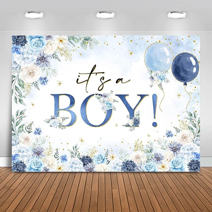 It's a Boy Baby Shower Backdrop 7x5ft Watercolor Blue Floral Baby Shower Party Decorations Background for Boys Blue Balloon Banner Photo Booth Props