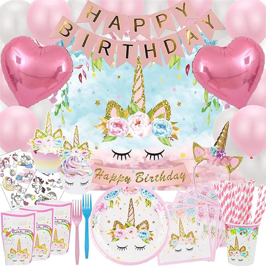 Unicorn Birthday Decorations, Unicorn Party Supplies for Girls Birthday - Party Backdrop Bday Balloons Kit Headband Cake Cupcake Toppers Wrappers Banner Tattoos Plates Cups Napkins Straws Favor Bags