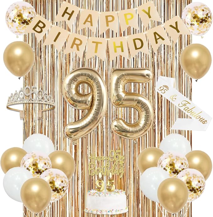 Trgowaul 95th Birthday Decorations for Women, Banner, Sash and Crown, Cake Topper, 95 Number Balloon, Fringe Curtains, Champagne Gold 95th Birthday Party Supplies