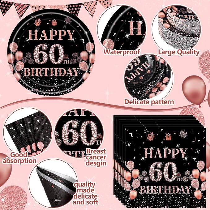 Funnymoom 452pcs 60th Birthday Party Decorations for Women, Black Rose Gold Birthday Supplies, Cheers Tableware Set, Disposable Plates Cups Napkins Cutlery Tablecloth for 50 Guests