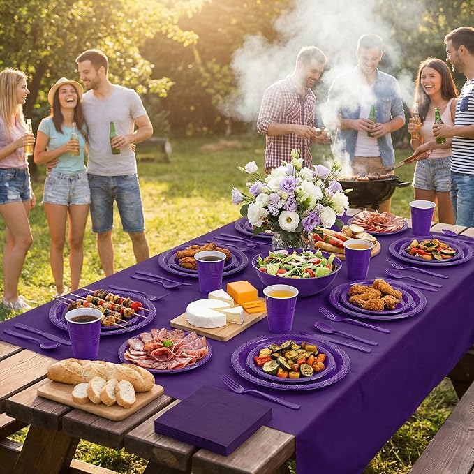 352 Pcs Purple Plastic Plates Party Set, 50 Guests Disposable Dinnerware Set with Deep Purple Tablecloths, Royal Deep Purple Plastic Plates Party Set for Wedding/Luxury Banquet/Anniversary/Gala