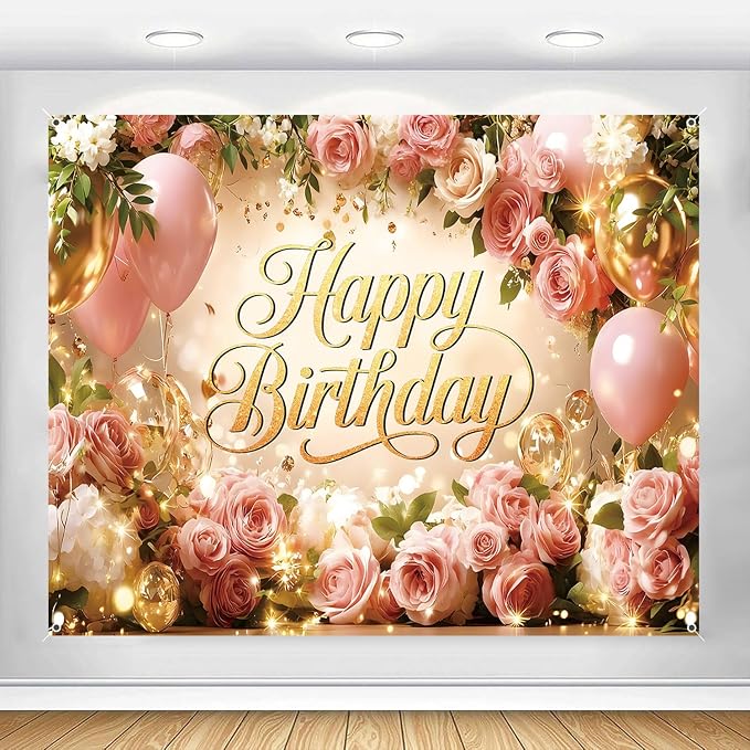Happy Birthday Backdrop Banner for Women Girls Princess Pink Floral Flower Wall Rose Gold Balloon Party Decorations Photography Background Supplies Decor Fabric Photo Booth Props 10x8ft
