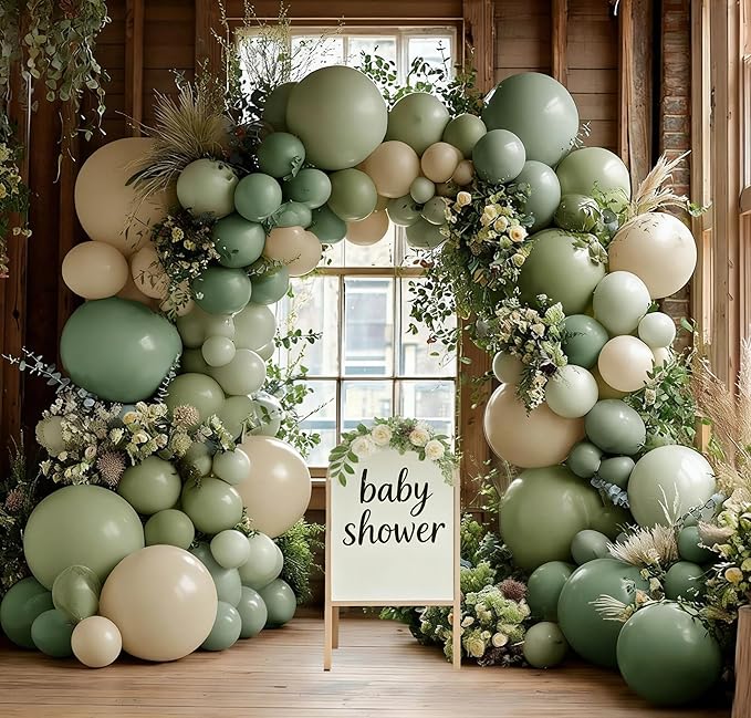 Dusty Green White Balloon Arch Double Stuffed Sage Light Green White Sand Beige Balloon Garland Eucalyptus Leaves for Baby Shower Neutral Birthday Woodland Bridal Wedding Gender Reveal Party Decor