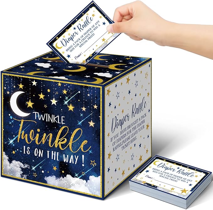 Teling 51 Pieces Diaper Raffle Tickets with Card Box Baby Shower Decorations Baby Shower Holder Box for Girl Boy Diaper Raffle Party(Twinkle Twinkle Little Star)