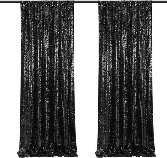 Black Sequin Backdrop Curtains-2 Panels 3FTx8FT Black Backdrop for Wedding, Glitter Party Decorations Background Drapes for Birthday Party Anniversary Graduation Photo Booth Decor