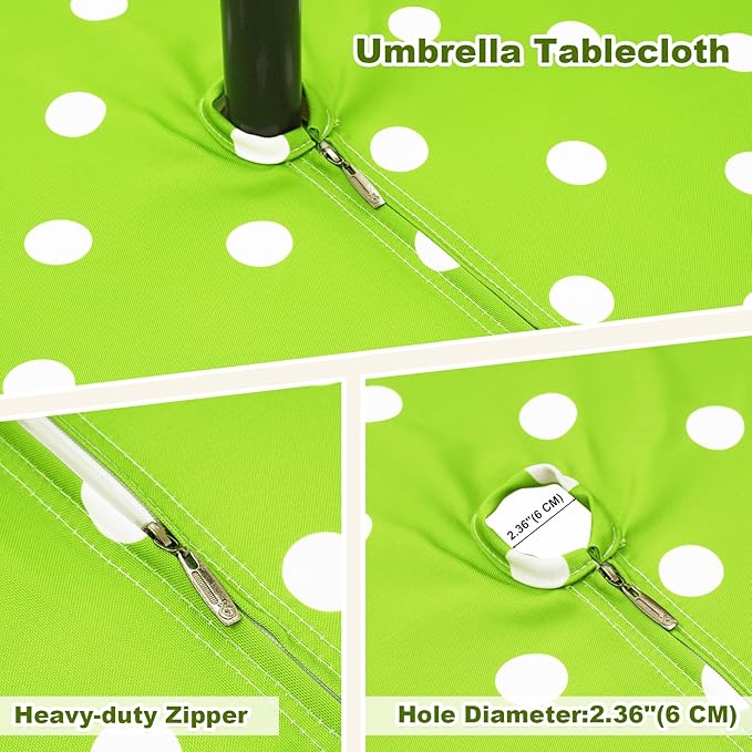 Poise3EHome 60X84 Outdoor Spillproof Rectangle Tablecloth with Umbrella Hole and Zipper for Camping Picnic Party Patio Table Spring, Green Polka Dot