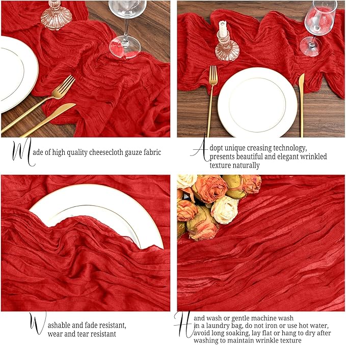 12 Pack Red Table Runner 10Ft Cheesecloth Table Runner Rustic Gauze Table Runners Romantic Long Sheer Fabric Cheese Cloth Table Runners for Wedding Party Bridal Baby Shower