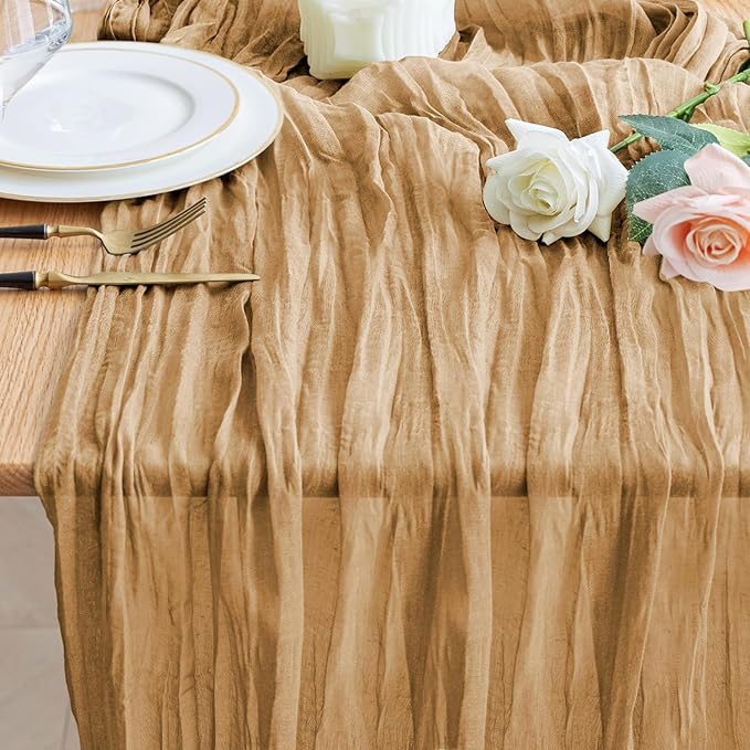 Wokceer Cheesecloth Table Runner Khaki 10FT Boho Gauze Cheese Cloth Table Runner for Party Long Rustic Sheer Table Runners for Baby Bridal Shower Wedding Easter Table Decor