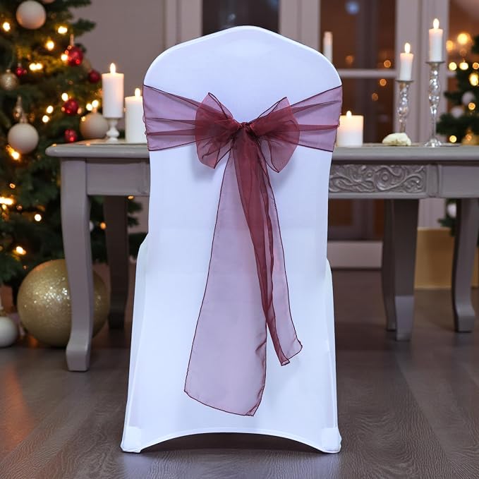 MDS® Pack of 10 Organza Chair Sashes for Wedding Decoration, Reusable Sheer Chair Bows for Banquet Chair Cover, Reception, Bridal Shower, Baby Shower, Birthday Party & Special Events - Burgundy