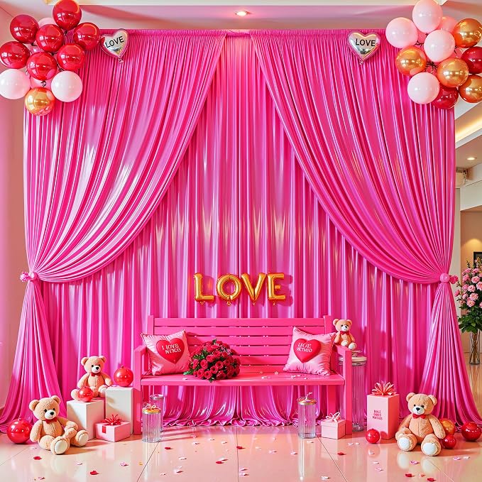 10x10 ft Hot Pink Glitter Backdrop Curtain for Parties, Wrinkle Free Glitter Photo Backdrop Drapes 2 Panels 5x10FT Shimmer Back Drop Cloth for Wedding Birthday Valentines Photography Background Decor