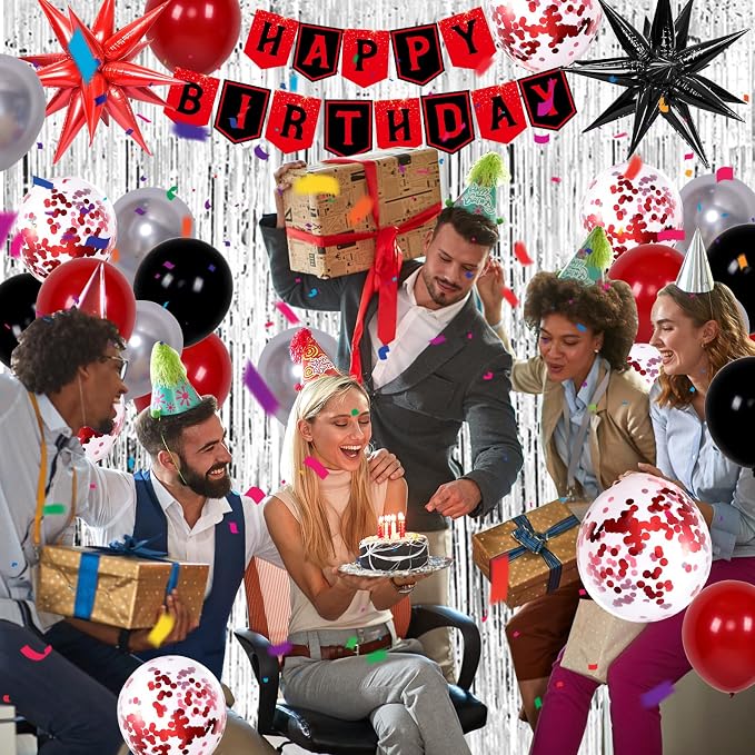 Red Black Birthday Decorations for Men Women Boys Girls, Red and Black Birthday Party Decorations with Happy Birthday Backdrop Banner Tablecloth Foil Curtain Star Balloon Arch, Red Party Supplies