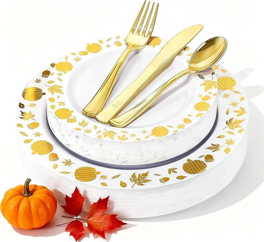 WDF 150pcs Gold Plastic Plates with Disposable Plastic Silverware - Premium Thanksgiving Dinnerware Sets for Thanksgiving Day&Parties