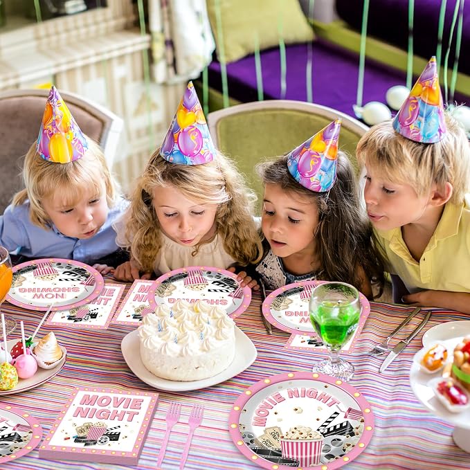 96Pcs Movie Night Party Supplies Pink Movie Birthday Plates and Napkins Theater Pop Corn Tableware Disposable Dessert Dinnerware for Girls Film Festival Birthday Party for 24 Guests
