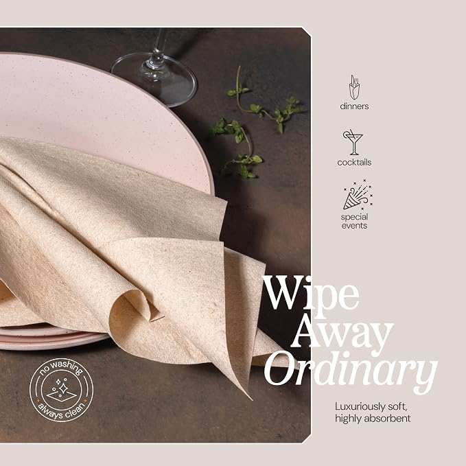 Disposable Cloth-Like Cocktail Napkins, 200 Pack 10" x 10" Linen-Feel Natural Color Recycled Beverage Paper Napkins For Bar, Café, Wedding Or Party
