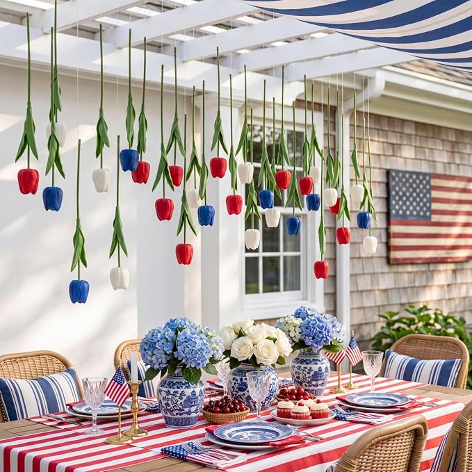 12 Pack Red White Blue 5 ft Artificial Hanging Tulips Garland, 4th of July Dangling Faux Tulip Wall Ceiling Patriotic Hanging Flower for Independence Day 250th Anniversary Home Party Decor