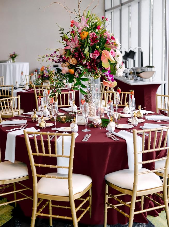 fani 8 Packs Burgundy Round Tablecloth - 120 Inch, Premium Polyester Table Cloth for Round Tables, Washable Fabric Table Covers for Wedding, Party, Banquet, Dining Tables and Camping