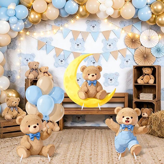 3Pcs Blue Bear Baby Shower Decorations, Large Moon Bear Cardboard Cutout Standup with Yard Stakes & Stands for Boy Bear Birthday Indoor Outdoor Photo Booth Props Cartoon Party Supplies