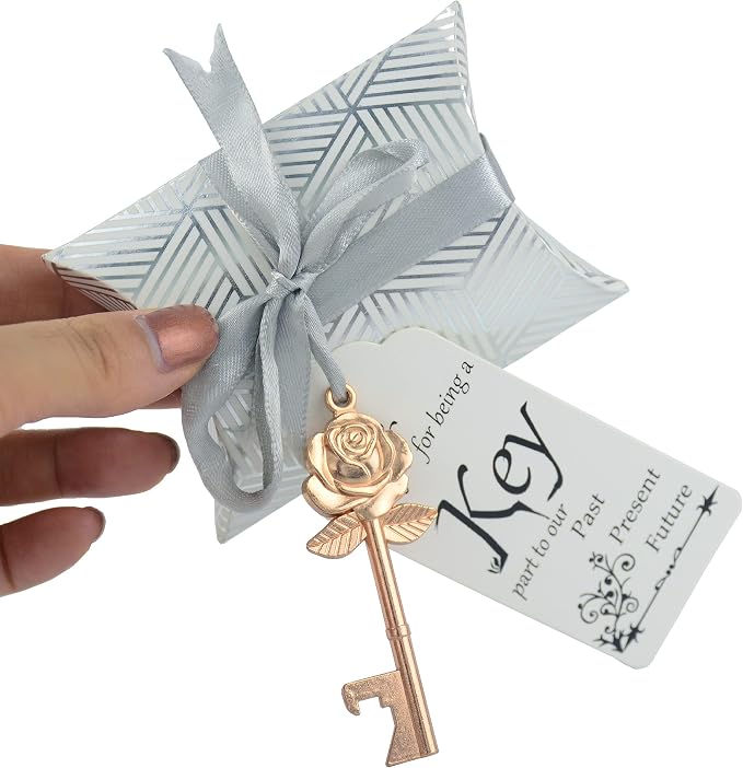 Makhry 50 Set Skeleton Rose Key Bottle Openers with Candy Box In Antique Vintage Style Escort Tags French Ribbon As A Gift Souvenir At Wedding Party Supplies (Rose Gold)