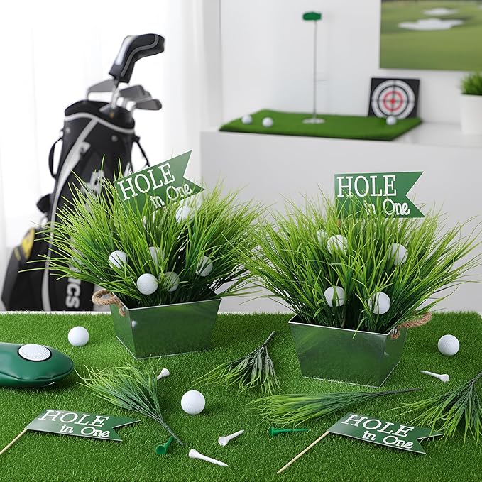 LemonRoad Large Golf Party Table Decorations Kit Includes 1 Square Iron Bucket 6 Mini Golf 15 Artificial Grass and Flags Centerpiece for Birthday Sport Themed Party Desk Supplies Rugby Favors