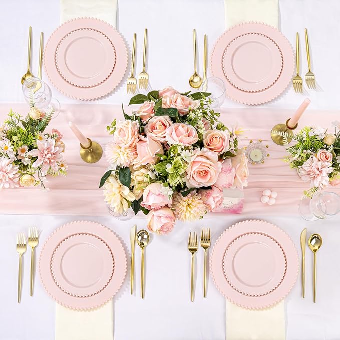 U-QE 60PCS Pink Plastic Plates - Heavy Duty Beaded Pink Disposable Plates for Mothers Day, Party, Baby Shower, Wedding - Serving 30 Guests Include 30PCS 10inch Dinner Plate & 30PCS 7inch Dessert Plate