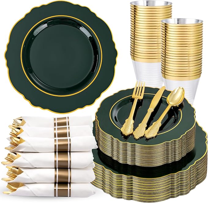 Liacere 350PCS Green Plastic Plates - Dark Green Disposable Plates With Gold Rim - 50Guest Baroque Plastic Dinnerware include 100Plates-50Pcs Pre Rolled Napkins with Silverware 50Cups for Party