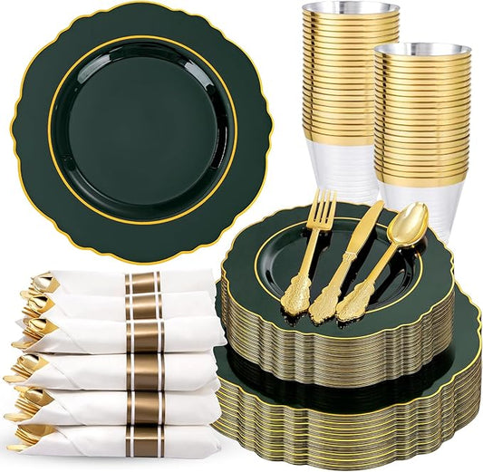 Liacere 350PCS Green Plastic Plates - Dark Green Disposable Plates With Gold Rim - 50Guest Baroque Plastic Dinnerware include 100Plates-50Pcs Pre Rolled Napkins with Silverware 50Cups for Party