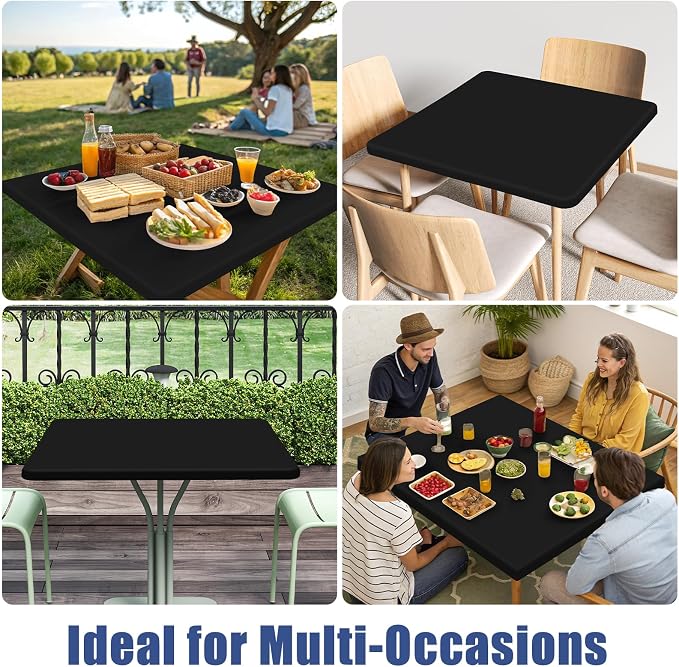 Moosfor Spandex Square Table Cloth 6 Pack, Elastic Fitted Tablecloths for Picnic, Stretch Washable Patio Table Cover for Outdoor, Camping, Banquet and Parties (Black, 34"x34")
