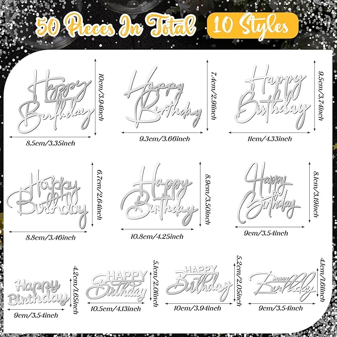 Barydat 50 Pcs Happy Birthday Cake Toppers Bulk Mirror Acrylic Cupcake Topper Cupcake Decorations Happy Birthday Sign for Cake Side Inserts Decor Party Supplies 10 Style (Silver)