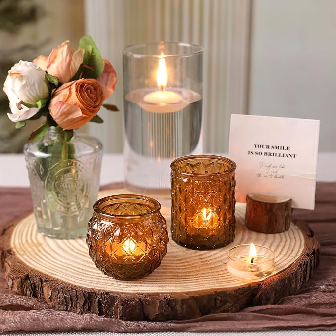 DARJEN Amber Votive Candle Holders Set of 24- Round Candle Holders Bulk, Glass Candle Holder for Vintage Decoration, Tea Lights Candle Holders for Wedding Home Party & Gift