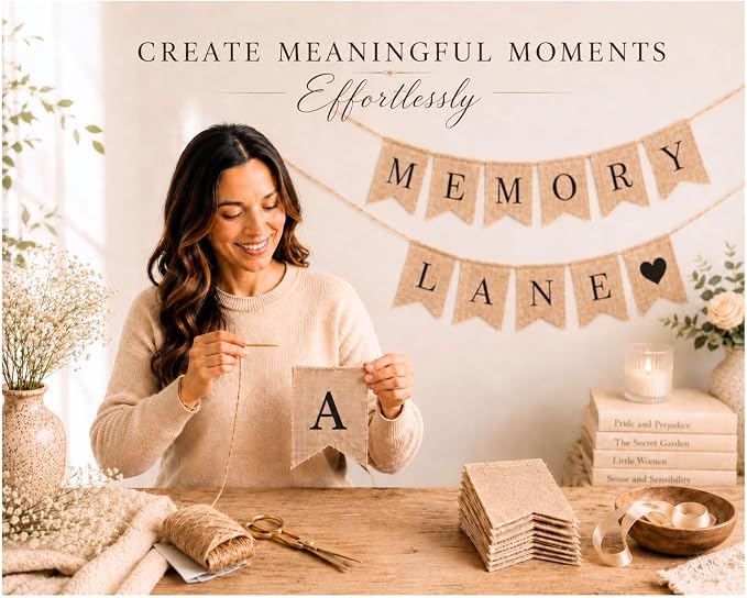 Pre-Printed Banner Kit – 97 BURLAP Flags with BLACK Letters, Numbers & Symbols, Reusable DIY Custom Banner, Make Your Own Personalized Banner for Aesthetic Party Decor, Natural Linen-Look Burlap, Includes Twine & Needles