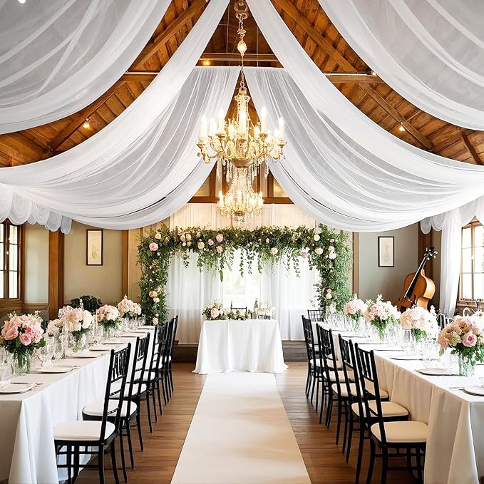 FOTSHARER White Wedding Ceiling Drapery 2 Panels 5ftx20ft Chiffon Fabric Drapes Wedding Arches for Ceremony Chififon Sheer Curtains Canopy Ceiling Curtains Drape for Bridal Shower Prom Arbor Drapery