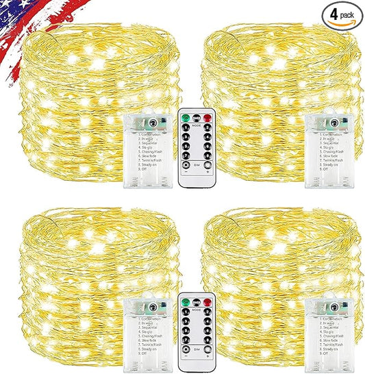 4Pack 80FT 240LED Fairy Lights Battery Operated with Remote & Timer | 8 Modes Twinkle String Lights Battery Powered Indoor Outdoor Waterproof for Bedroom Wedding Classroom Christmas Décor, Warm White
