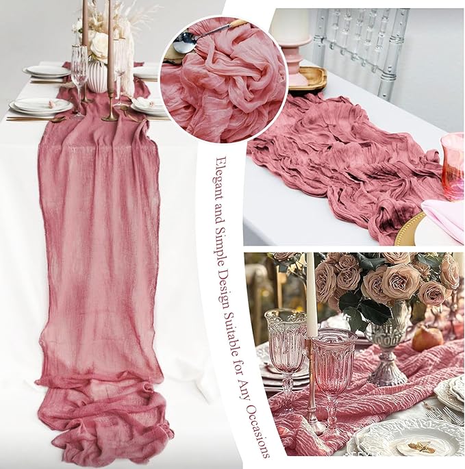 8 Pack Dusty Rose Cheesecloth Table Runner 10FT Long Boho Gauze Fabric Table Runner Vintage Rustic Sheer Runners for Wedding Party Bridal Baby Shower Table Decorations