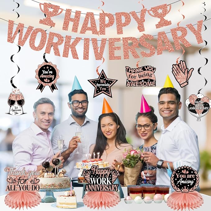 Zirtorei Happy Workiversary Decorations for Women Employee, 11pcs Rose Gold Work Anniversary Banner Party Supplies, Workiversary Honeycomb Centerpieces Hanging Swirls Business Gift for Office