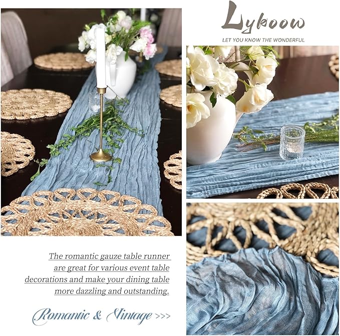 24 Packs Dusty Blue Cheesecloth Table Runner, 10 Ft Rustic Gauze Boho Wedding Table Runner Decoration, Wedding Table Decor Table Cloth for Wedding Party Bridal Shower Table,21.5x120in