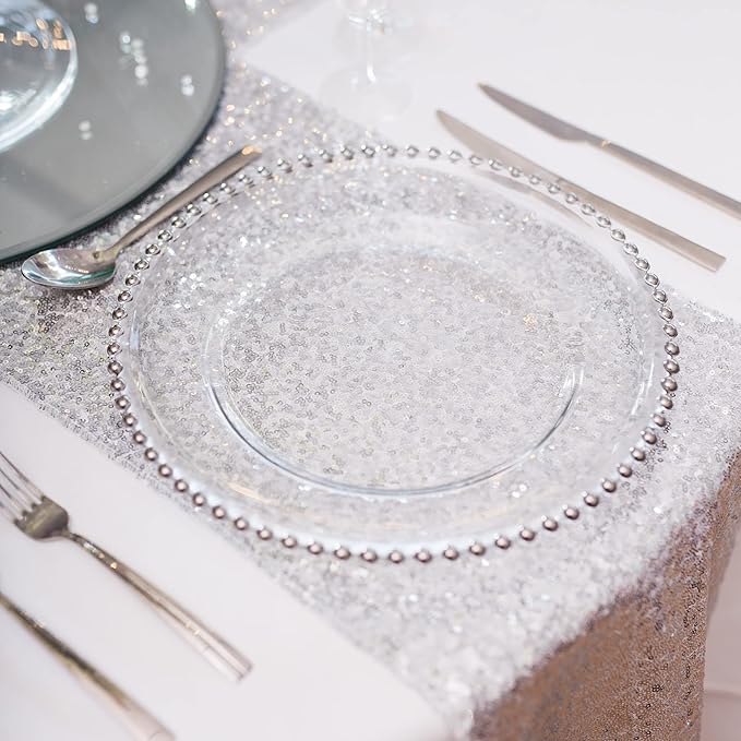 JYFLZQ Silver Sequin Table Runner 12"x108" Pack of 10 Glitter Sequin Fabric Table Linens - Sparkly Runners for Wedding & Birthday Party Decor