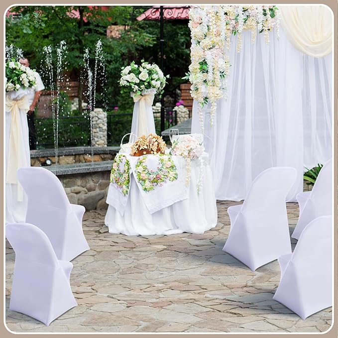 Newwiee 150 Pcs Spandex Chair Covers Bulk - Stretch Folding Flat Front Fitted Universal Chair Protector Pack Removable Washable for Wedding Party Dining Banquet Event (White)
