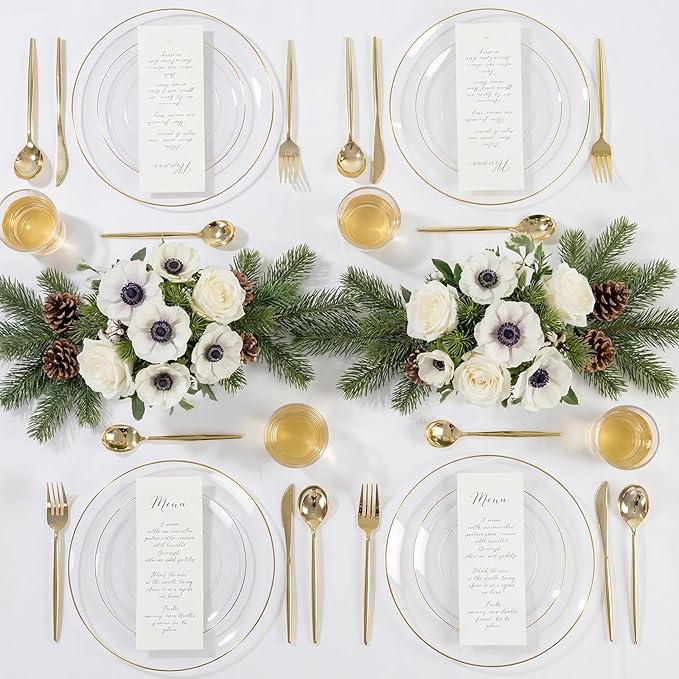 I00000 Clear Plastic Plates with Gold Rim,Fancy Clear Disposable Plates,Nice Disposable Plates Set include 30 Dinner Plate,30 Dessert Plate, 90 plastic Silverware Set for Valentine's Day