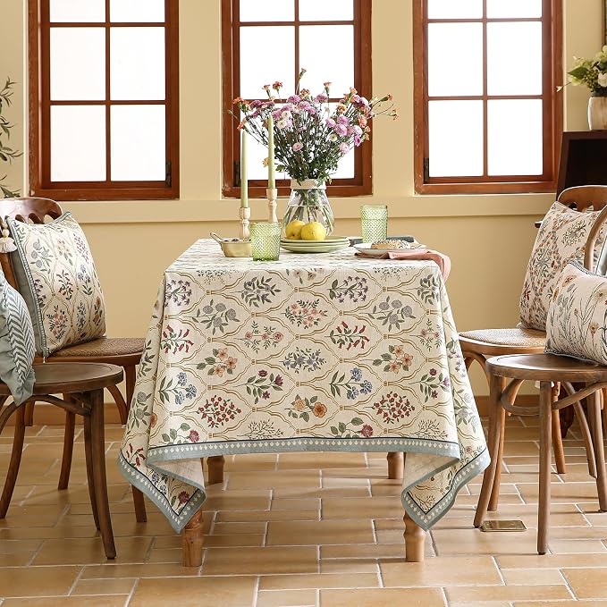 ISAENNE Designer Vintage Square Linen Tablecloth,55"x55"-Serenity B | Elegant Colorful Floral Pattern Beautiful Small Durable Heavyweight Table Cloth,Dining Room,Tea Party,Kitchen,Thanksgiving