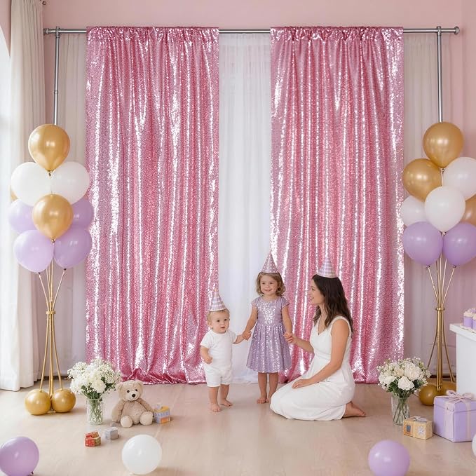 SquarePie 2 PCS 2x8ft Fuchsia Pink Sequin Backdrop Curtains, Satin-Backed Shimmering Photo Booth Background, 2 Panels Narrow Real Sequin Drapes with 4" Rod Pocket for Party, Baby Shower, Doorway Decor
