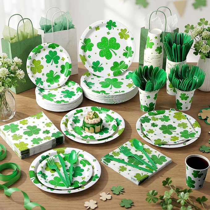 Pickmesh 400 Pcs St. Patrick's Day Party Plates and Napkin Decoration Lucky Shamrock Paper Tableware Cups Knives for Wedding Green Shamrock Themed Irish Festival Party Supplies Serve 50