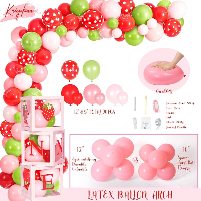 Kriyokiaa Berry First Birthday Decor Strawberry 1st Shortcake Birthday Decorations for Girls with Balloon Arch, Highchair Banner Strawberry Theme Backdrop, Photo Banner, Cake Topper