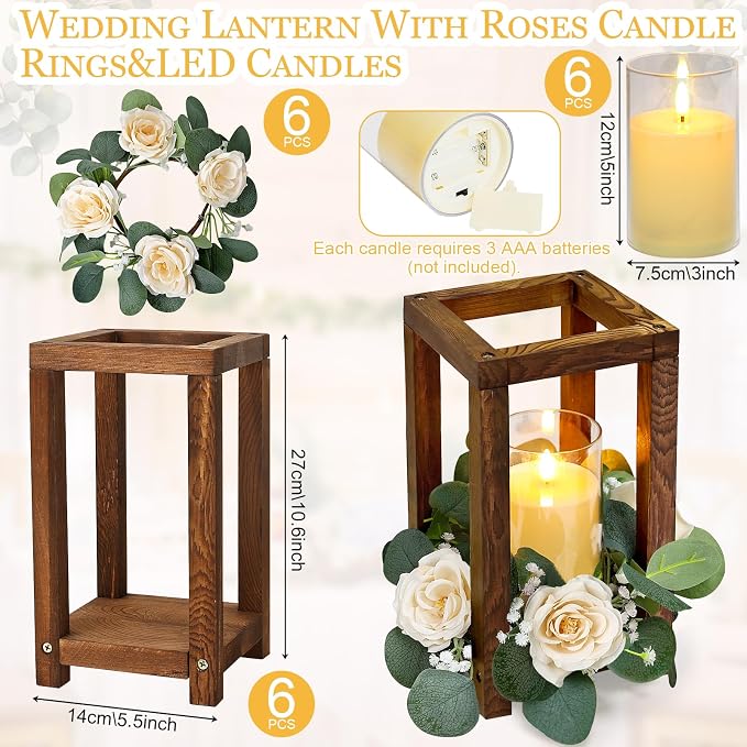 18 Pcs Wooden Lantern Centerpiece - Wedding Lantern with Roses Candles Rings LED Flameless Candles Rustic for Wedding Party Farmhouse Table Centerpieces Decor, Champagne Roses