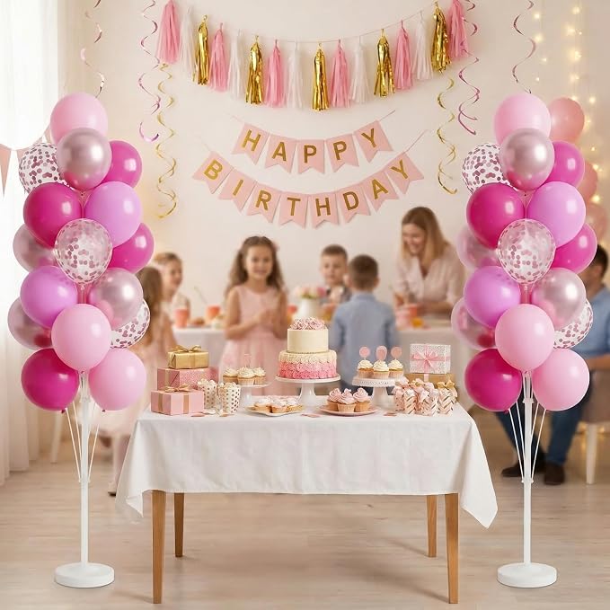 Balloon Column Kit Set of 2 With Balloons Included - Balloon Tower with Stand, Base, and Pole,Backdrop Decoration for Wedding, Baby Shower, Birthday Party (3xMetallic Light Pink)