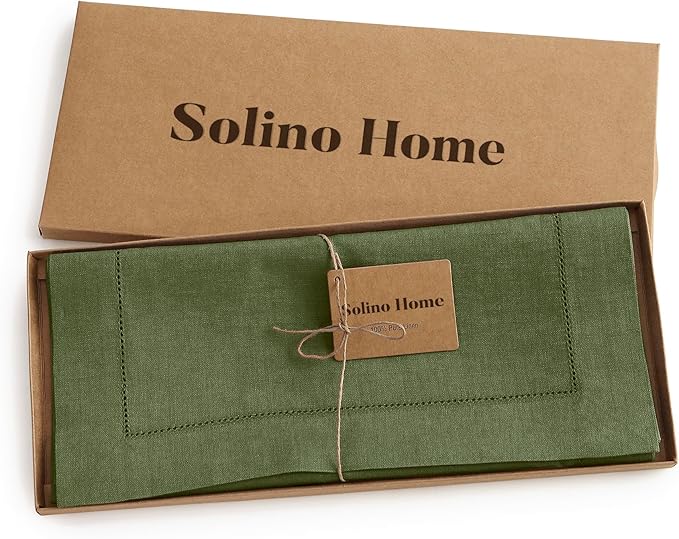 Solino Home Linen Olive Table Runner 90 Inches Long - 100% Pure Linen 14 x 90 Inch Table Runner - Classic Hemstitch