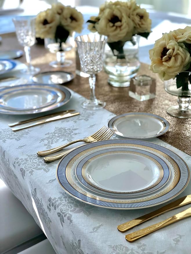 OCCASIONS 240 Disposable Plates for 120 Guests, Fancy Blue & Gold Heavyweight Scalloped Plastic Dinnerware Set for Wedding Party, BPA Free - 10.5" Dinner + 7.5" Salad/Dessert, Louvre in Blue & Gold