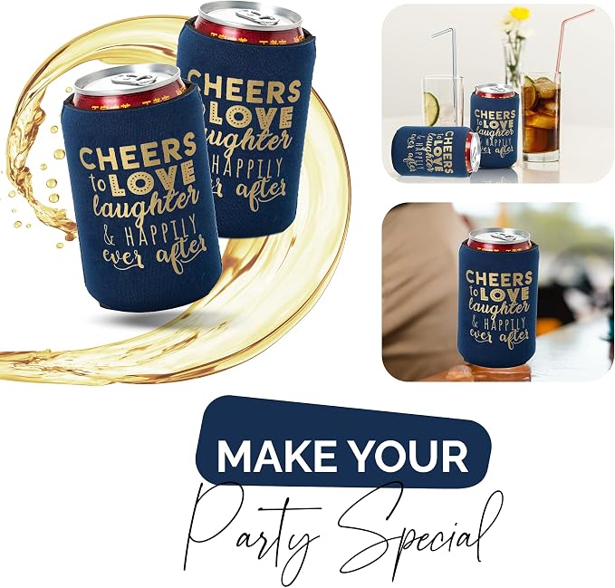 Wedding Can Cooler Decorations Set of 12 - Cheers to Love Laughter and Happily Ever After, Wedding Rehearsal Dinner Decorations - Bridal Showers, Engagement Party Favors for Guests and Supplies