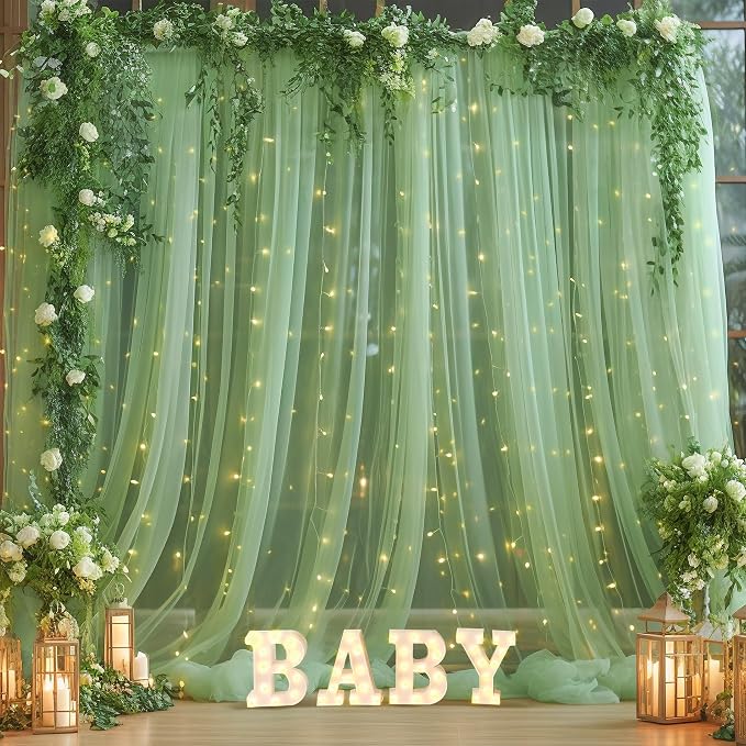 10x8ft Olive Green Tulle Backdrop Curtain with Lights String for Parites, Sheer Photo Backdrop Drapes with Lights for Wedding Backdrop Ceremony Reception Bridal Shower Baby Shower Birthday Party