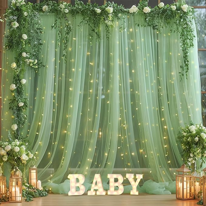 30ft x 10ft Green Backdrop Curtain with Lights String for Parties, Sheer Tulle Wedding Photo Backdrops Drapes for Baby Shower Birthday Party Decorations Background for Photography