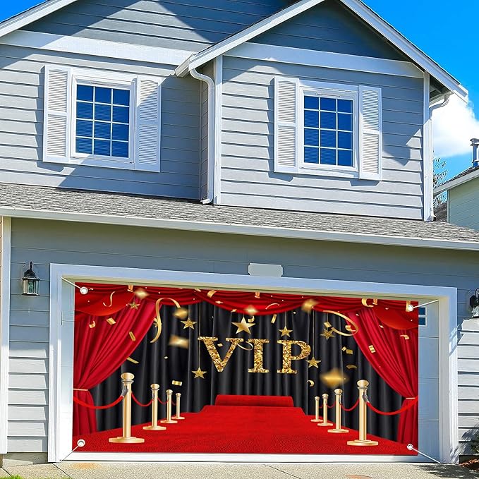 7X16ft VIP Red Carpet Garage Door Decoration Background Glittering with Brilliant Stars Black Gold Stage Backdrop Award Ceremony Movie Studio Props Graduation Wedding Birthday Party Banner Cover